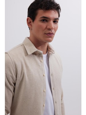 Tudors Erkek Slim Fit Dar Kesim Uzun Kollu Düz Kışlık Oduncu bej Gömlek