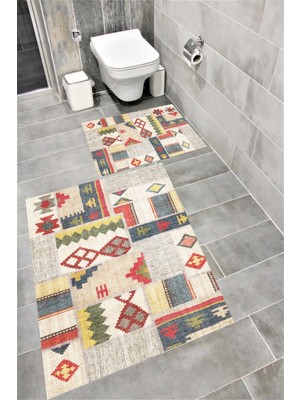 Home Kaymaz Tabanlı Suya Dayanıklı Dijital Baskılı Banyo Paspası Takımı | Bordo Halı 1581