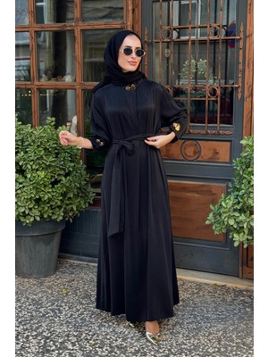 Clande Yaka Aksesuarlı Ipek Cupro Elbise 2502-5011 Siyah