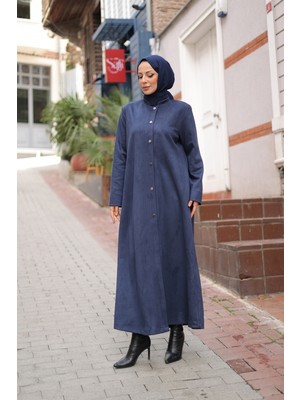 Kadeem Giyim Elara Süet Kaban Kadın - Düğmeli Uzun Lacivert Casual Stil
