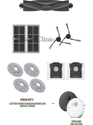 Roboclinic Dreame X40 Ultra L40 Ultra Robot Süpürge Uyumlu Toz Torbası, Fırça, Hepa Filtre, Mop Seti-11 Parça