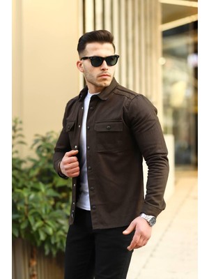 Pobudo Koyu Toprak Renk Çıtçıt Düğmeli Kot Gömlek