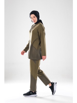 Plistre 2283_PATCH ve Dikiş Detaylı Esnek Kumaş Tesettür Kadın Spor Eşofman Takımı –cepli Havuç Fit Pantolon