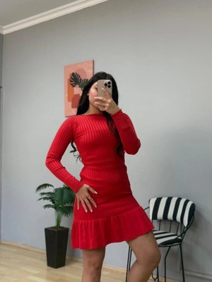 Kadın Bisiklet Yaka Uzun Kol Etek Ucu Fırfırlı Triko (Polyenit) Mini Boy Elbise