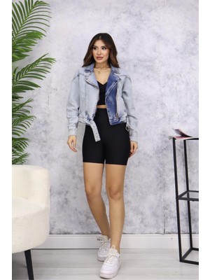 Manga Moda Kadın Açık Mavi Kemer Detaylı Jean Ceket M4484 Kar Yıkama