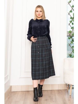 MissVina Kadife Gömlek Fırfır Yaka Detaylı ve Ekose Düğme Detaylı Etek 1280