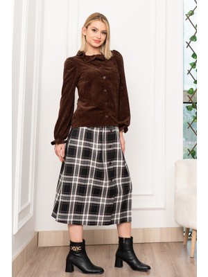 MissVina Kadife Gömlek Fırfır Yaka Detaylı ve Ekose Düğme Detaylı Etek 1280