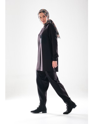 Plistre 2289_KADIN Tüvit Garni, Bisiklet Yaka Tesettür Tunik Şalvar Takım –cepli, Aksesuarlı, Harem Pantolon