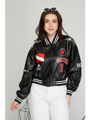 Black Level Kadın Baskılı Kolej Mont Bomber Ceket Deri Mont Oversize Deri Biker Yarışçı Motorcu Deri Ceket