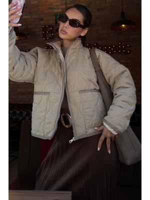 Madmext Bej Dik Yaka Kapitone Kadın Mont MG2568