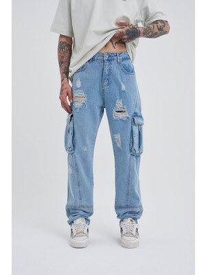 Machinist Erkek Mavi Baggy Kargo Jean Düz Paça Denim Günlük Stil Oversize Model