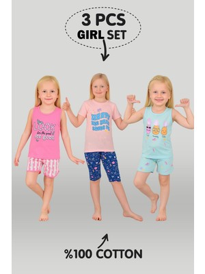 Vitmo Kız Çocuk 3'lü %100 Pamuklu 1-2-3 Yaş Pijama Takımı MODEL:128