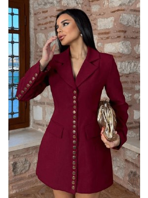 Cemo  Kadın Bordo Çıt Çıt Gold Düğmeli Mini Ceket Elbise