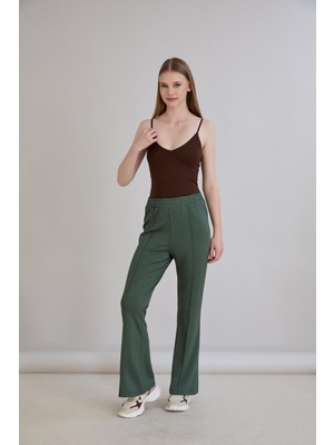 Sortie Collection Nervürlü Beli Lastikli Bol Paça Pantolon Haki