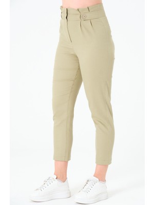 Sortie Collection Kadın Yüksek Bel Düğme Detay Bilek Boy Pileli Gabardin Olive Pantolon