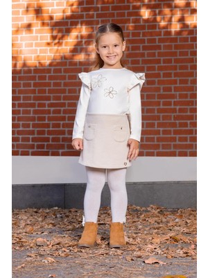 Minycenter Kız Çocuk Çiçek Nakışlı Omuz Fırfırlı Uzun Kollu Tshirt MNT25K215