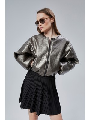 Chos7n Kadın Puf Elastik Kenarlı Yumuşak Bomber Ceket Bisiklet Yaka Uzun Kollu Önü Fermuarlı Mont