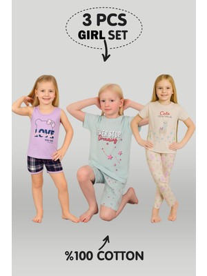 Vitmo Kız Çocuk 3'lü %100 Pamuklu 4-5-6 Yaş Pijama Takımı MODEL:125