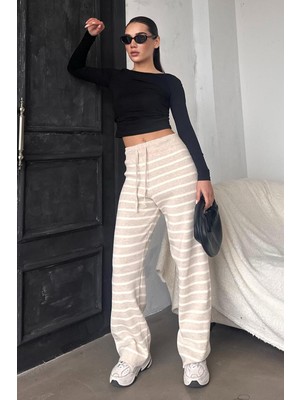 Madmext Bej Çizgili Kadın Triko Pantolon MG2342