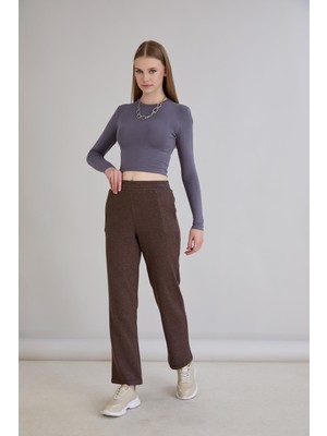 Sortie Collection Simli Örme Regular Kalıp Boru Paça Triko Pantolon Kahverengi