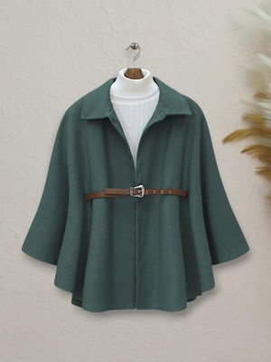 Omuzu Düğmeli Beli Kemerli Kaşe Panço