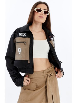 Chos7n Kadın Oversize Kot Ceket Kolları Deri Garnili Motorcu Montu Baskılı Yarışçı Kolej Bomber Ceket