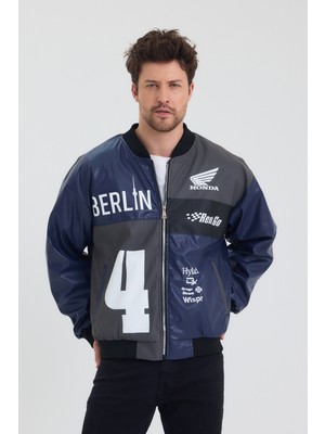 Chos7n Erkek Oversize Deri Garnili Baskılı Motorcu Montu Kolej Ceketi Bomber Günlük Mont