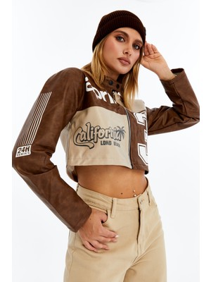 Chos7n Kadın Crop Deri Ceket – Renkli Baskılı Motorcu Stil Mont - Kısa Ceket Çok Renkli Mont - Hakim Yaka