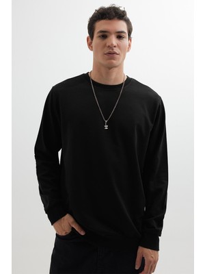 Tudors Erkek Relax Fit Rahat Kesim %100 Pamuk 2 Iplik Bisiklet Yaka Siyah Sweatshirt