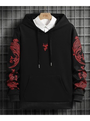 Amor Man Büyük Beden Özel Tasarım Kapüşonlu Kol Baskılı Japon Stil Oversize Erkek Sweatshırt