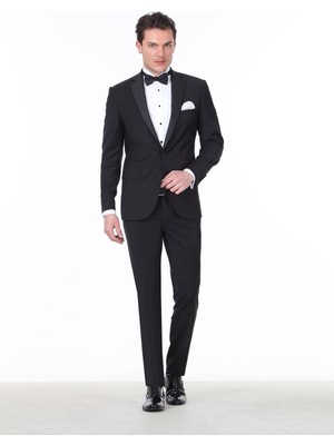 Kip Siyah Slim Fit Kelebek Yaka Dokuma Smokin Takım Elbise