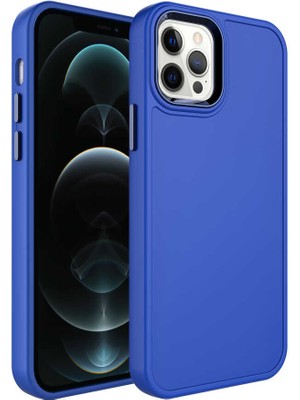 Apple iPhone 12 Pro Max Kılıf Metal Çerçeve ve Buton Tasarımlı Sert Aden Botox Kapak-Saks Mavi