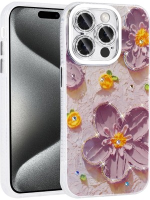 Apple iPhone 15 Pro Max Kılıf Çiçek Desenli Parlak Taşlı Sert Silikon Aden Garden Kapak-Mor