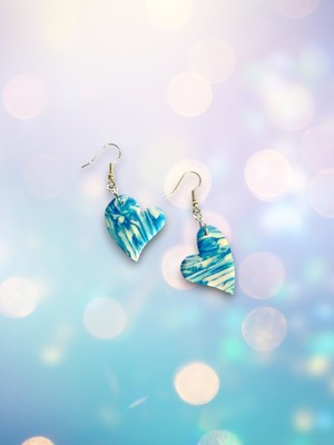 Arya Planet Muffyclay Özel Tasarım, El Yapımı Polimer Kil Mavi Desenli Kalp Küpe