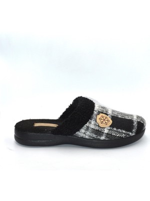 Shoemix Erkek Siyah Kare Desenli Kışlık Keçe Ev Terliği