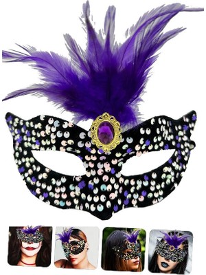 Çılgın Tahtakale Siyah Kadife Payetli Pullu Mor Tüylü Parti Maskesi