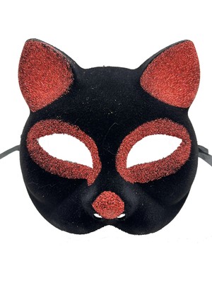 Çılgın Tahtakale Siyah Kırmızı Simli Süet Kedi Maskesi