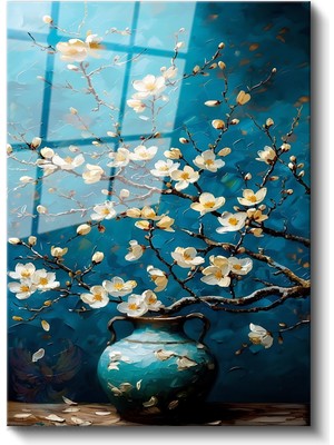 Artarilion Cam Dikey Duvar Tablosu Cam Mavi Vazodaki Çiçekler Ev Ofis Salon Modern Duvar Tablosu