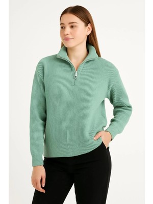 Silerra Kadın Yarım Fermuarlı Triko Kazak – Selanik Örgü, Dik Yaka, Pamuklu Dokuma, Oversize Uzun Kollu Kışlık Model - Mint Yeşili