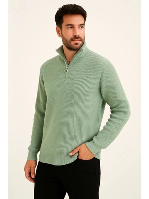 Silerra Erkek Yarım Fermuarlı Triko Kazak – Selanik Örgü, Dik Yaka, Pamuklu Dokuma, Regular Fit Uzun Kollu Kışlık Model -  Mint Yeşili
