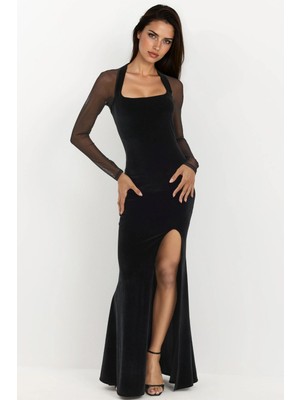 Hiccup Kadın Uzun Kollu Kadife Dar Gece Elbisesi Siyah