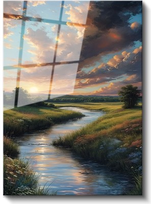 Artarilion Cam Dikey Duvar Tablosu Cam Yeşillikler ve Nehir Ev Ofis Salon Modern Duvar Tablosu