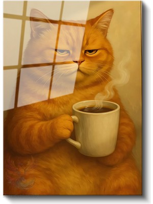 Artarilion Cam Dikey Duvar Tablosu Cam Kahve Içen Kedi Ev Ofis Salon Modern Duvar Tablosu