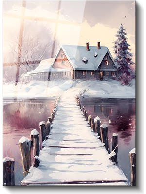 Artarilion Cam Dikey Duvar Tablosu Cam Kar ve Göl Manzarası Ev Ofis Salon Modern Duvar Tablosu