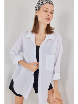 Hiccup Kadınlar BDART Cep Detaylı Oversize Düğmeli Keten Karışımlı Gömlek Beyaz