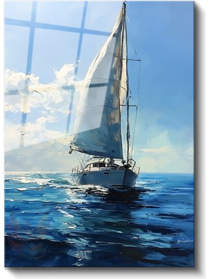 Artarilion Cam Dikey Duvar Tablosu Cam Yağlıboya Görünümlü Yelkenli Ev Ofis Salon Modern Duvar Tablosu