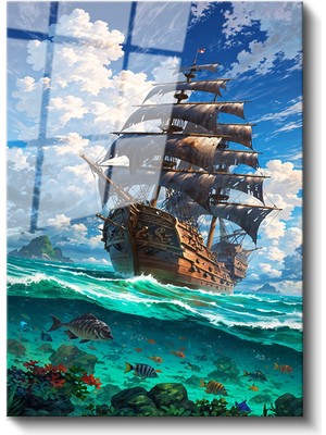 Artarilion Cam Dikey Duvar Tablosu Cam Gemi ve Balıklar Ev Ofis Salon Modern Duvar Tablosu