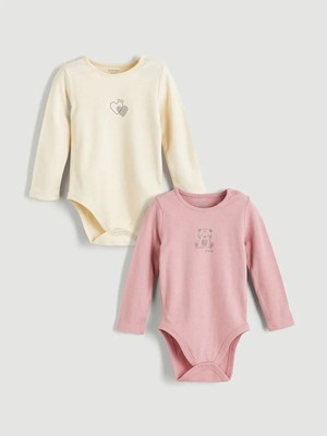 LC Waikiki Kalp ve Ayıcık Baskılı Kız Uzun Kollu Kız Bebek Çıtçıtlı Body 2'li  (W5)