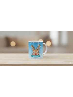 Yüksel 34 Noel Temalı Geyik Desenli , Yeni Yıl Hediyesi , Isim Baskılı Özel Üretim Kişiselleştirilebilir Porselen Kupa,