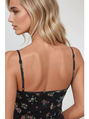 Hiccup Kadın Desenli Askılı Bodycon Maxi Elbise Siyah